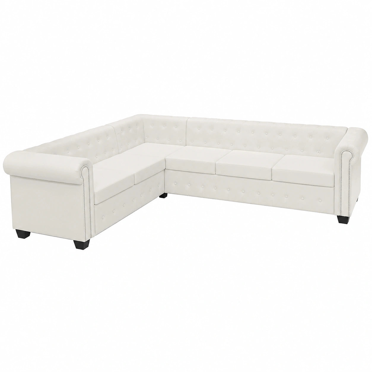 Sofá Esquinero Chesterfield de 6 Plazas en Piel Sintética Blanca, con Botones y Remaches, para un Hogar Moderno y Elegante, 260x205x73 cm