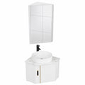 Mueble de baño esquinero con lavabo de cerámica y espejo, puertas suaves, ideal para espacios pequeños