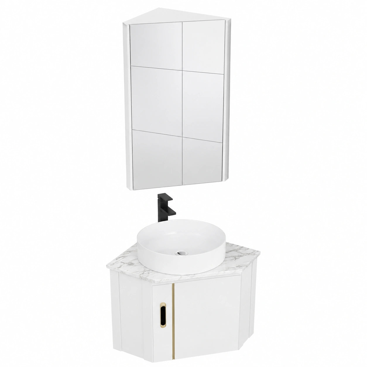Mueble de baño esquinero con lavabo de cerámica y espejo, puertas suaves, ideal para espacios pequeños