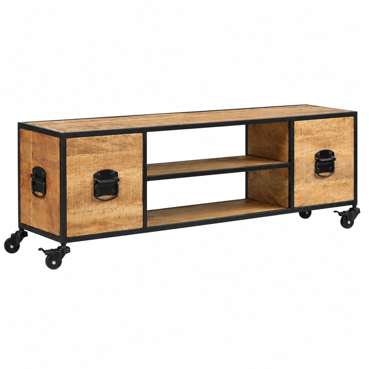 Soporte de TV de Madera de Mango con Estantes y Cajones, con Ruedas, para Salón y Dormitorio