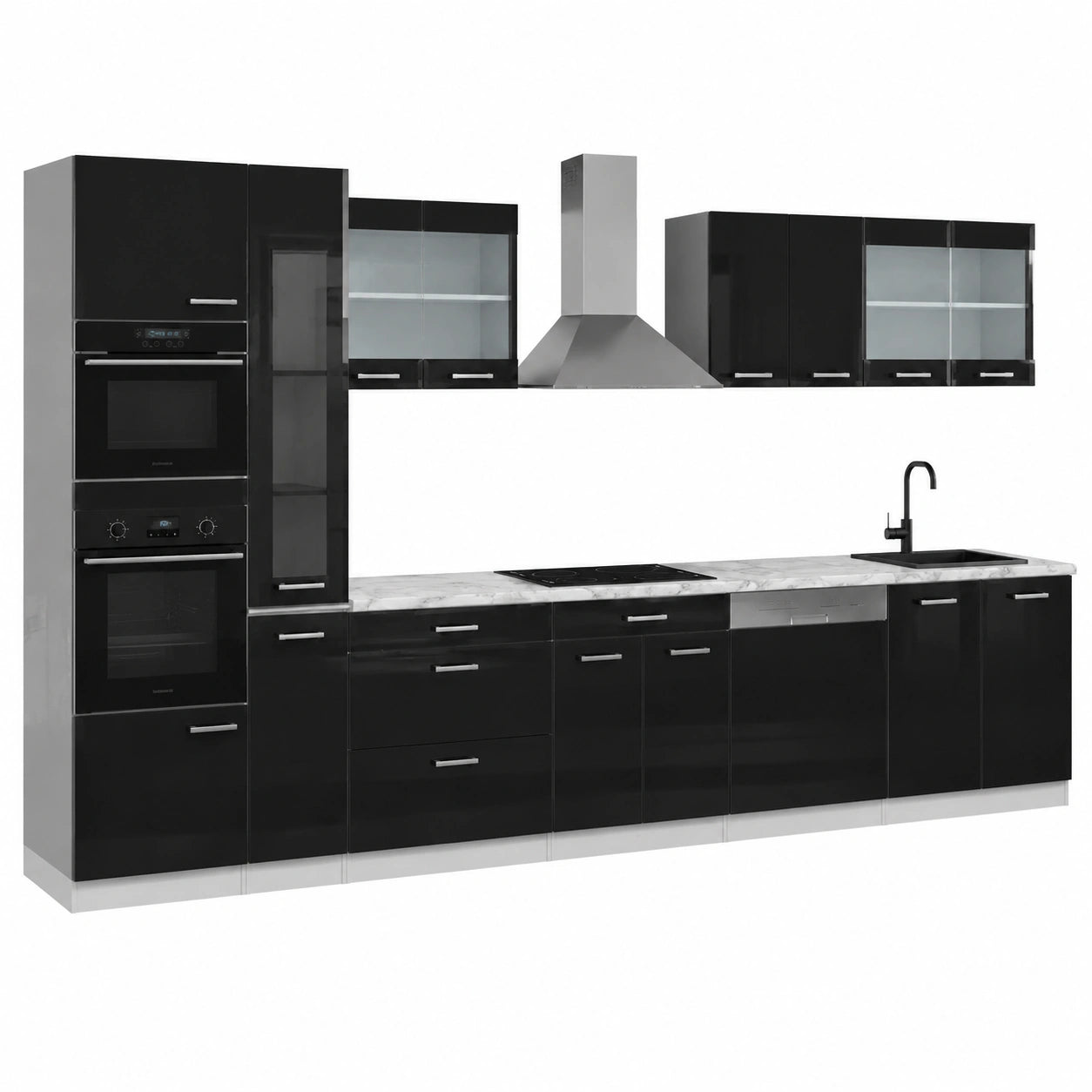 Conjunto de Cocina R-Line, Antracita/Blanco, 350 cm con Armario Alto y Encimera de Mármol