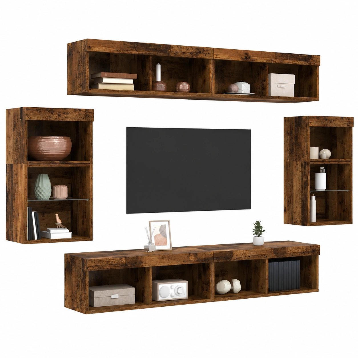 Conjunto de Muebles de TV de Pared de 8 Piezas en Madera Reciclada Moderna