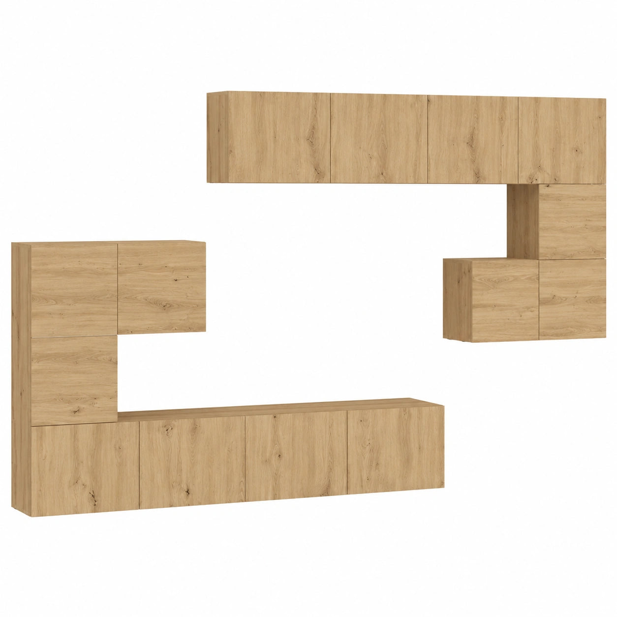 Mueble de TV de roble montado en pared, 8 piezas modulares para sala de estar, centro de entretenimiento moderno