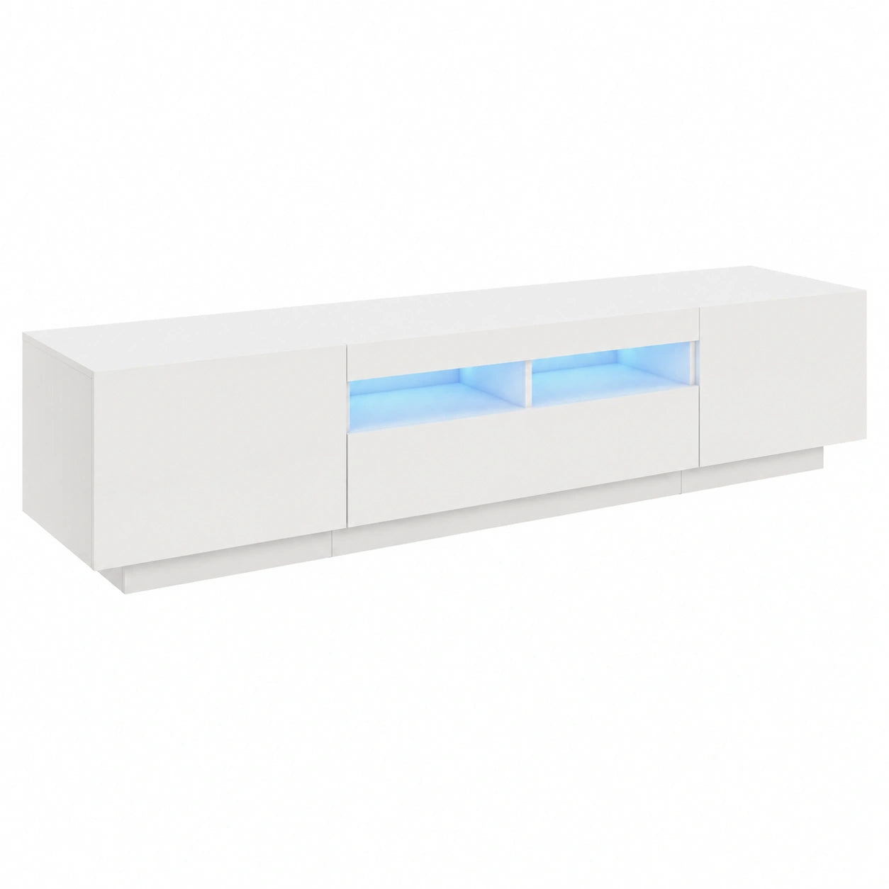 Soporte de TV moderno blanco con luces LED, 180x35x40 cm, ideal para salón y dormitorio