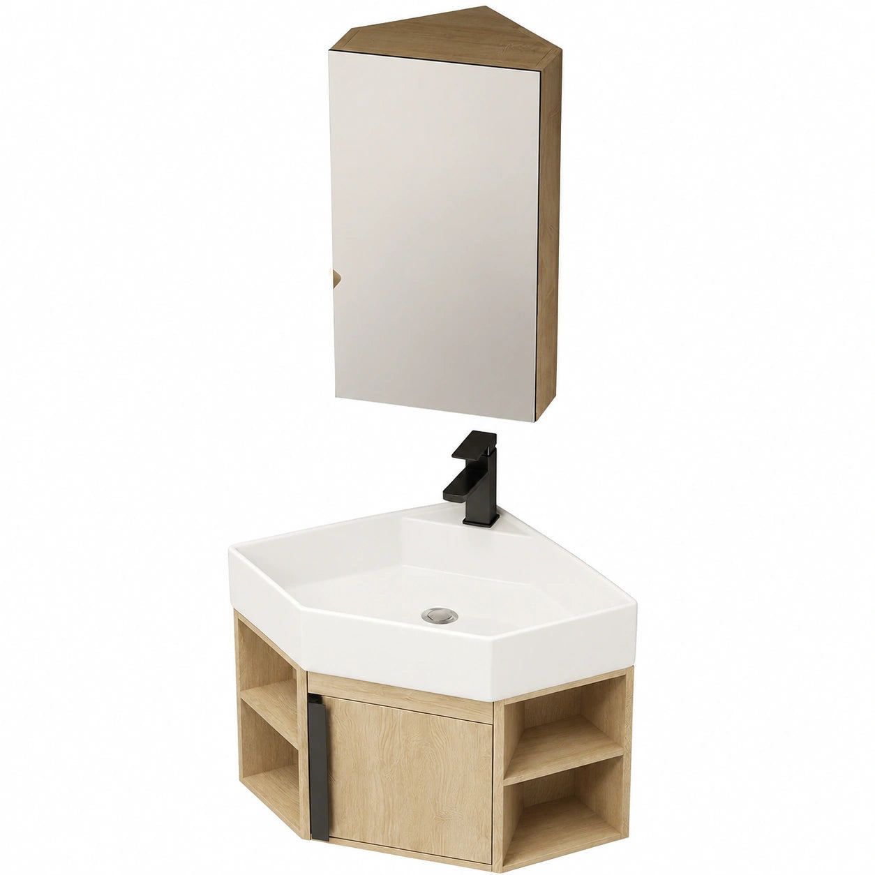 Mueble de Baño Flotante Esquinero con Lavabo y Espejo para Espacios Pequeños