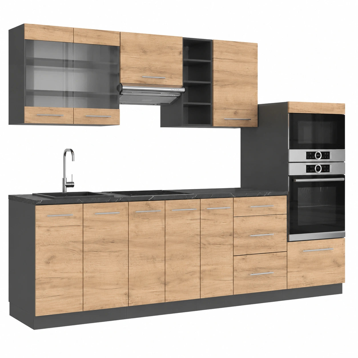 Vicco Cocina Modular Fame-Line, Roble Oro y Antracita, 280 cm sin Encimera