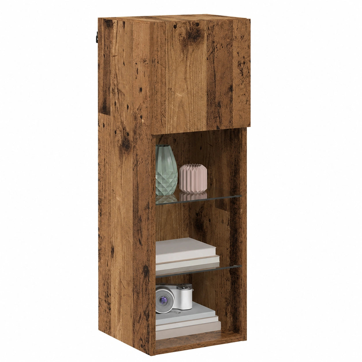 Estante de TV Flotante de Madera Reciclada con Luces 30,5x30x90 cm para Sala Moderna