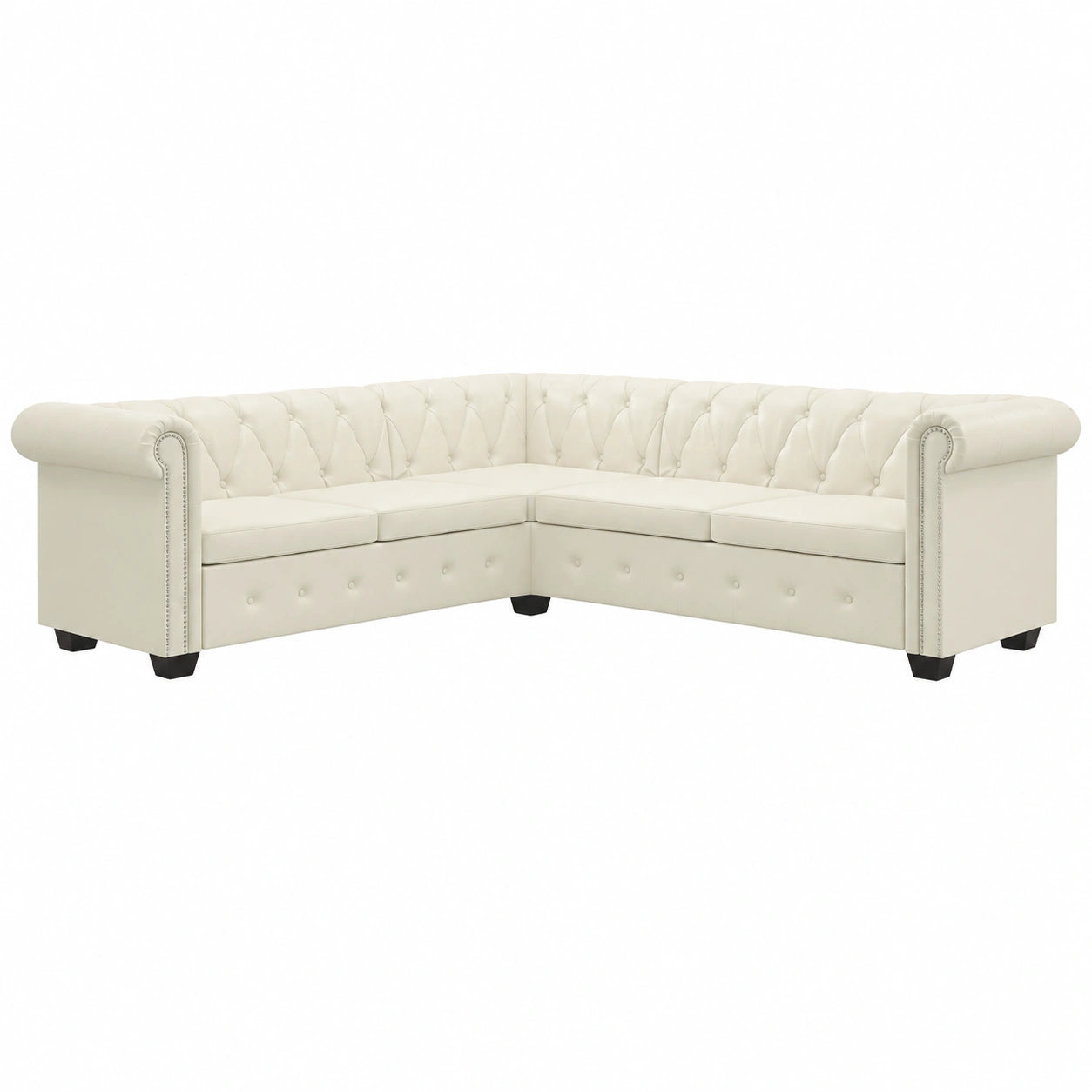 Sofá rinconero Chesterfield 6 plazas, piel sintética blanca, diseño elegante 260x205x73 cm, mueble resistente y lujoso para salón