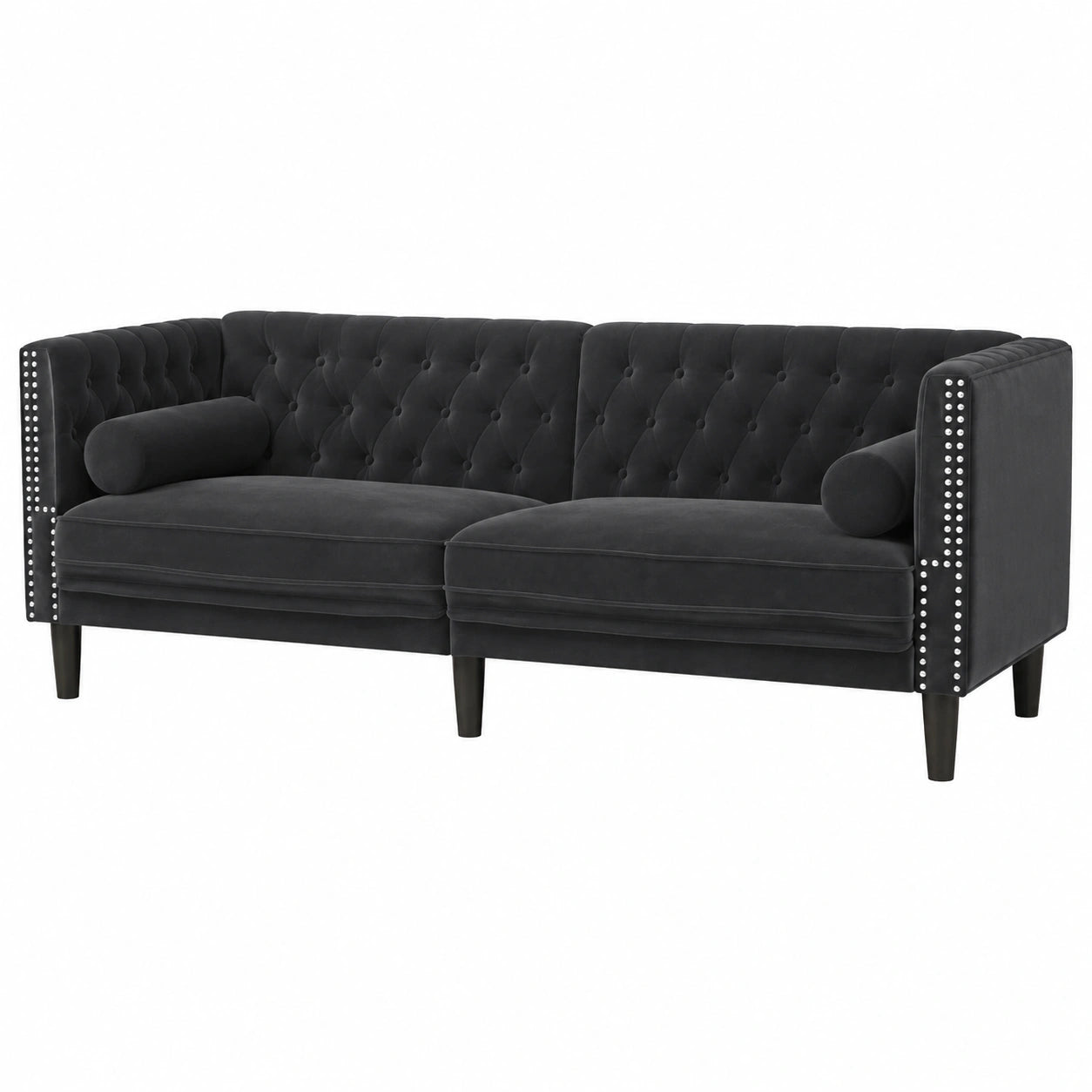 Sofá Chesterfield negro de terciopelo, 3 plazas, diseño moderno y cómodo